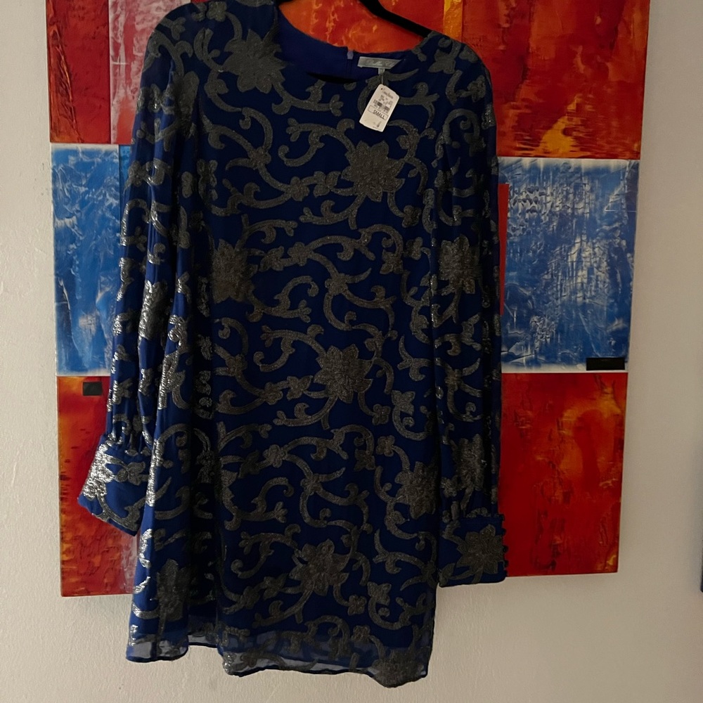 Blue long sleeve dress with embellishments.